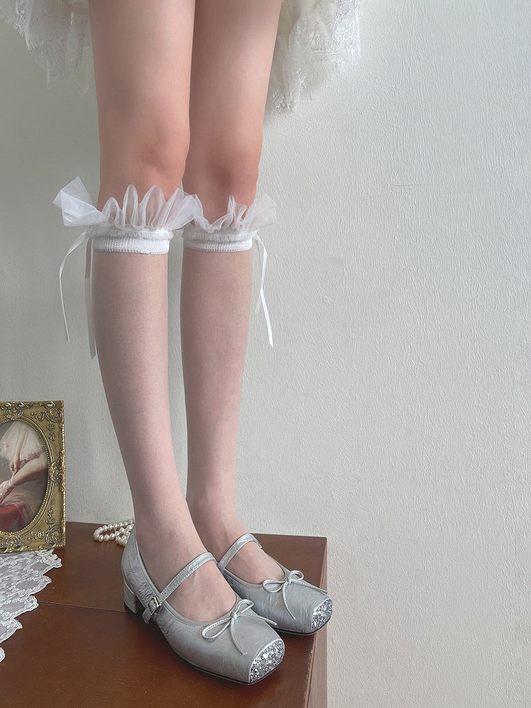 White Stockings Underknee Ruffled Details Bowknot Tulle