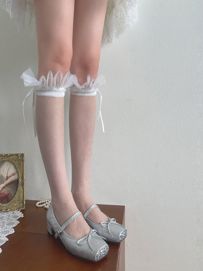 White Stockings Underknee Ruffled Details Bowknot Tulle