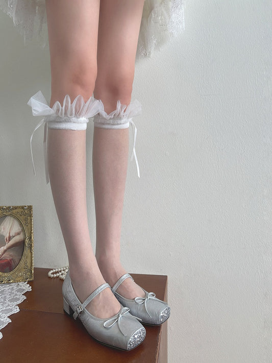 White Stockings Underknee Ruffled Details Bowknot Tulle