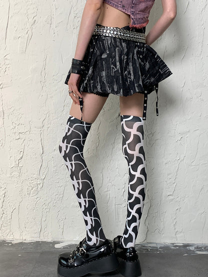 BlackWhite Overknee Y2K Design Asymmetrical Stockings