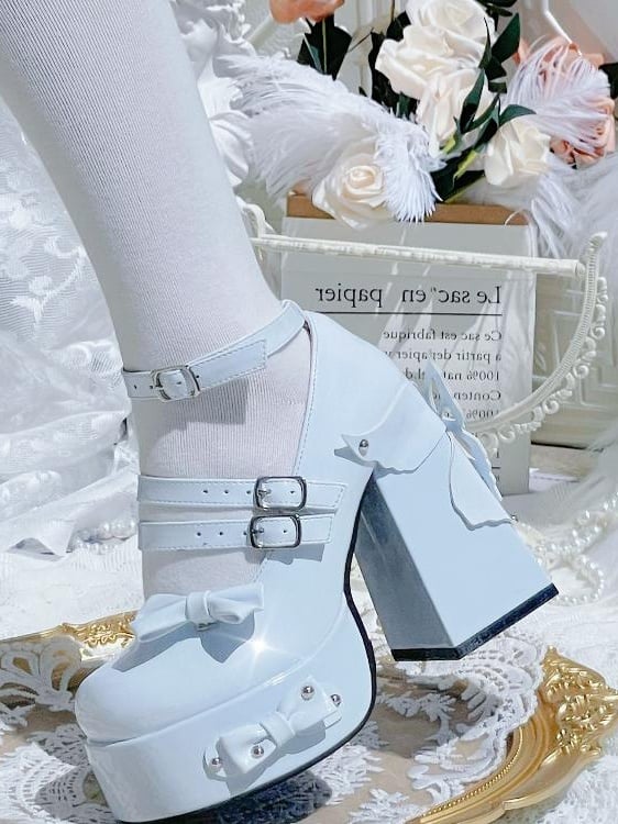 Light Blue Bowknot Stud Butterfly Platform High Block Heels Lolita Shoes