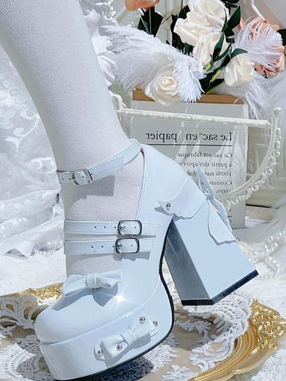 Light Design Lolita Shoes Platform Heels Bowknot Blue Butterfly Block Stud High