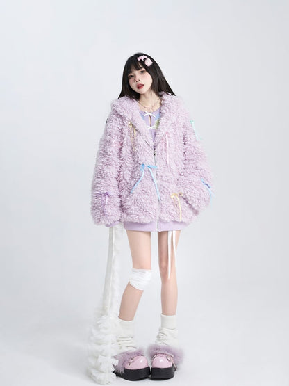 Coat Ribbon Design Zip-Up with Purple Hoodie Bows Plush