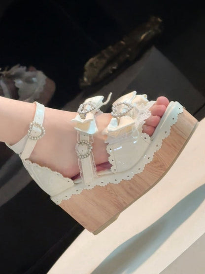 Sandals - Lolita White Heart Platform Beaded Buckles Old School