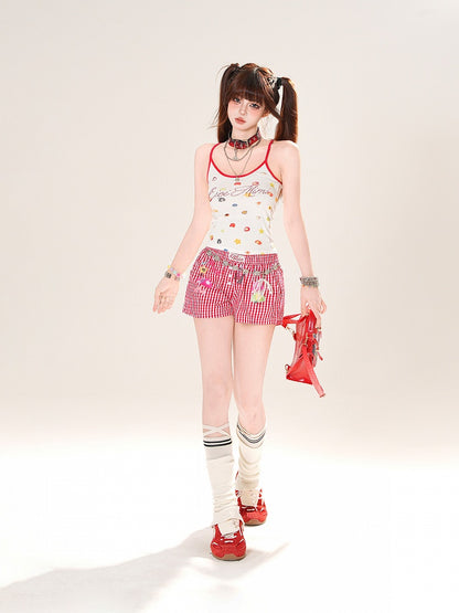 Red Plaid Straight-Leg Casual Shorts