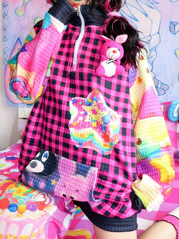 Star Plaid Print Sweatshirt Y2K Black Pattern
