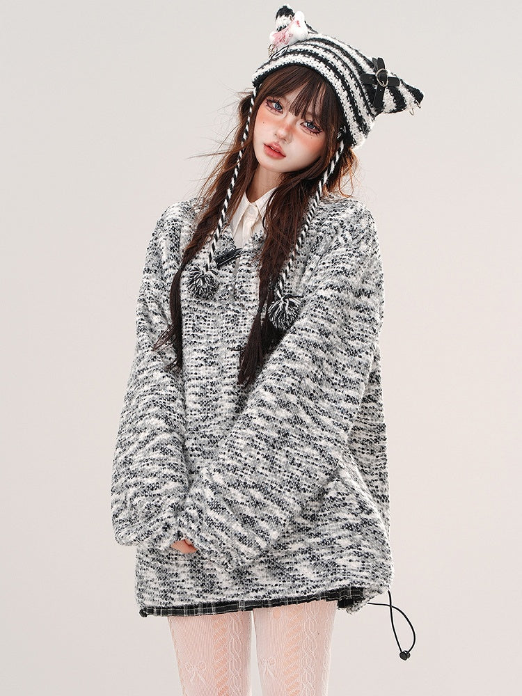Grey Knitted Loose Hoodie