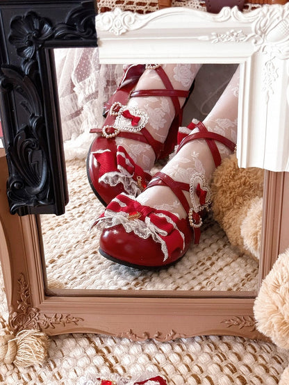 Süße Riemen Kreuzschnalle Rot 2CM/5CM Block Lolita Details Design Schuhe Herz Heels Bowknot