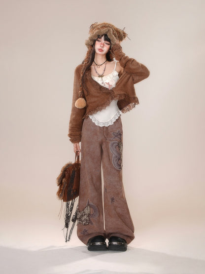 Wide-leg Applique Plaid Cut Brown Butterfly Pants