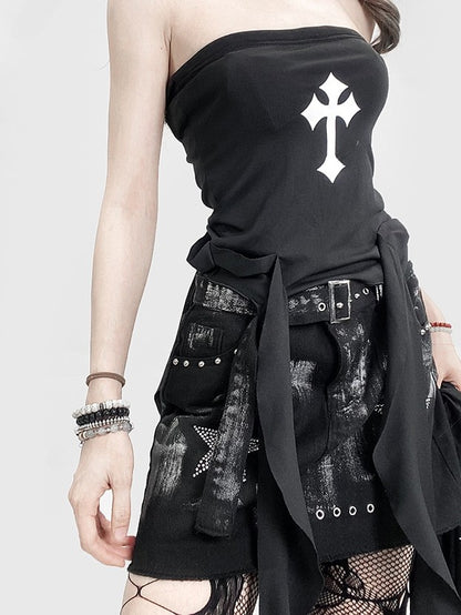 Glamorous Strapless Black Back Top Letter With Bittersweet Cropped Cross Print