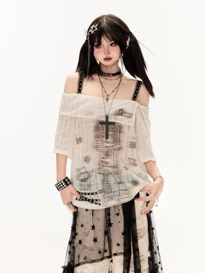 Apricot/Black Off-the-shoulder Criss-Cross Straps Cartoon Girl Print Coverup