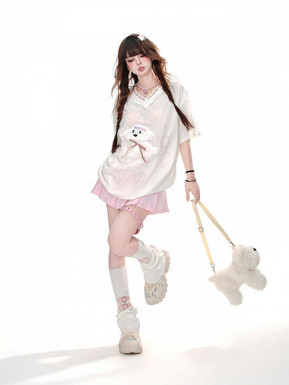 Loose Yume Adorable Puppy Pattern Weiß/Blau T-Shirt Kawaii