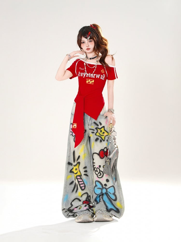 Rot/Blaue Träger an der Taille Asymmetrischer Ausschnitt Blokette Core T-Shirt Selbstbinden