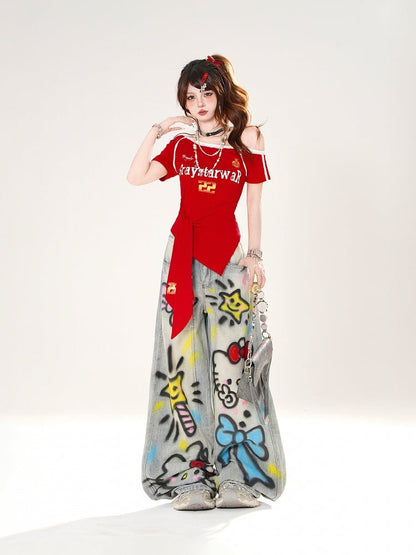 Rot/Blaue Träger an der Taille Asymmetrischer Ausschnitt Blokette Core T-Shirt Selbstbinden