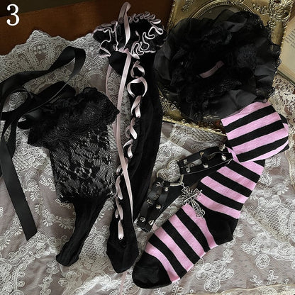Straps Striped Stockings/Pink Underknee Socks/Leg Self-tie Lace Black Lace-up Overknee Pink Stockings/Black Loop