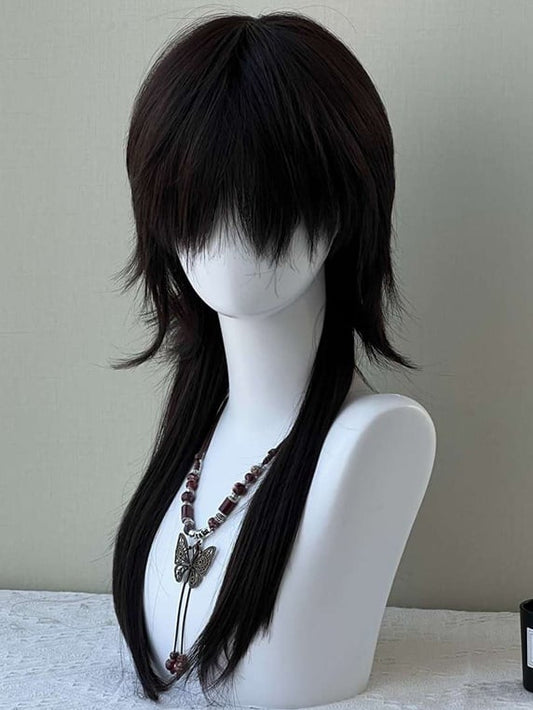 Black Tea Long Straight Synthetic Wig With Bangs