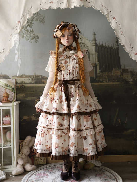 Yellow Lolita Brown Cookie and Ruffle Hamster Sweet Dress Print Hem