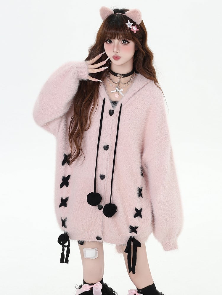 Pink Bunny Ears V-neck Hooded Loose Cardigan Lace-up Detail