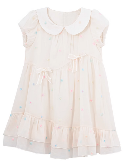 Pattern Colorful Polka-dot White Peter Pan Collar Puff Sleeves Chiffon Dress