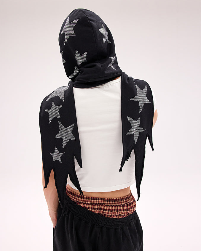 Black/White Star Rhinestones Hat and Scarf All-in-one