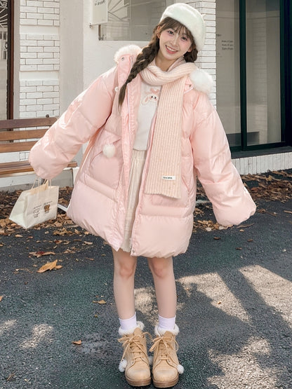 Pink Cute Bear and Kitty Plush Trim Hooded Down Coat