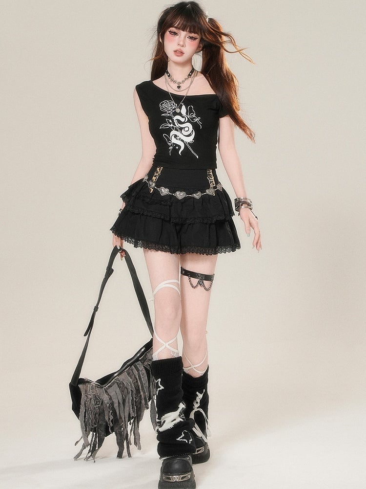 White/Black T-shirt Glamorous Asymmetrical Print Rosette Bittersweet Neckline