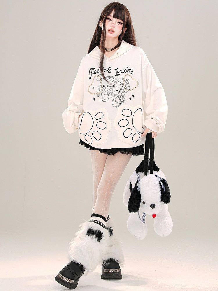 White/Grey Devil Bunnies Print Studs Loose Hoodie