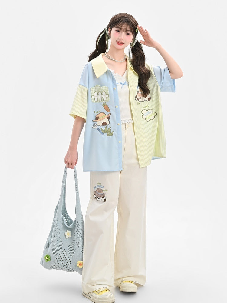 Waist Cartoon Animal Embroidery Regular/Long Wide-Leg Pants Beige High Version