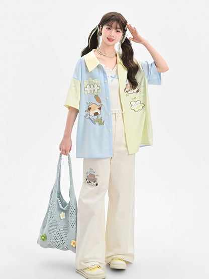 Waist Cartoon Animal Embroidery Regular/Long Wide-Leg Pants Beige High Version