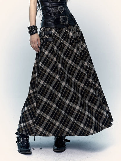 Black&Brown Plaid Ankle Length Skirt