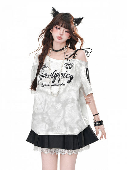 T-Shirt Loose White Asymmetrical Neckline Letter Bittersweet Print