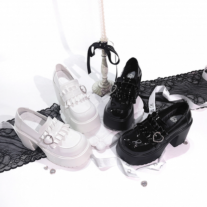 with Beaded Kei White Sweetheart 9.5cm Jirai Shoes Heel Chunky Loafers Platform