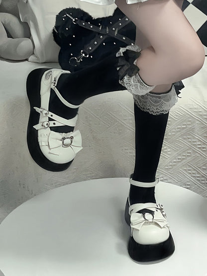 Y2K Matte White Bear Bowknot Buckle Strap Punk Platform Shoes