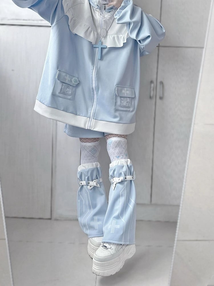 Tenshi Kaiwai Light Blue Yami Kawaii Cross Cat Ear Hoodie