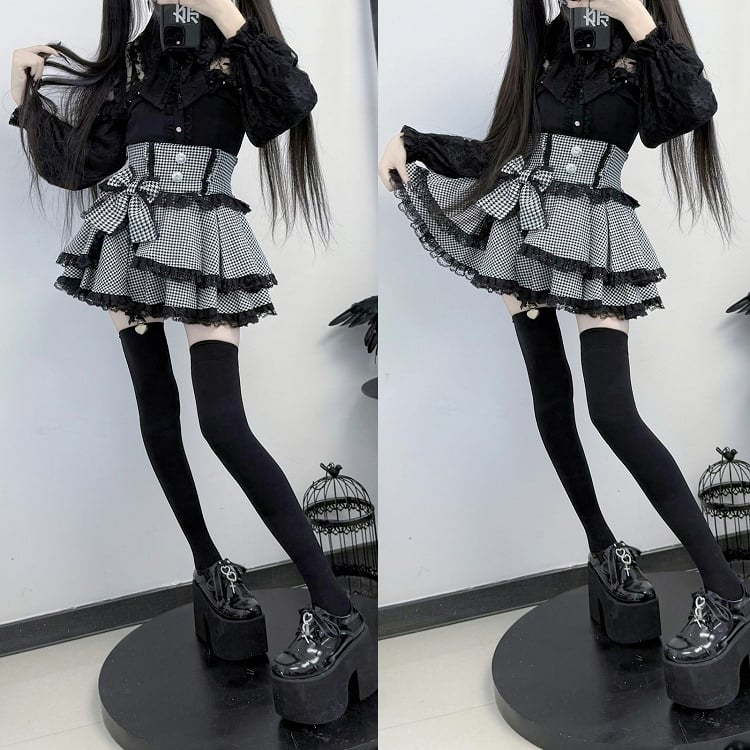Illusion Design Neck with Jirai Rhinestone Sparkling Black Blouse Kei Buttons