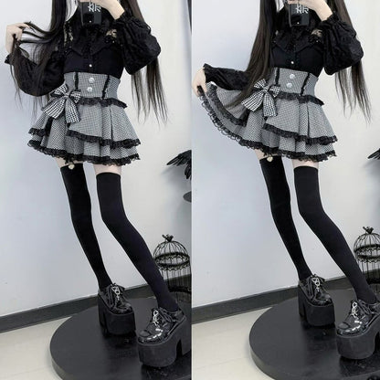 Illusion Design Neck with Jirai Rhinestone Sparkling Black Blouse Kei Buttons