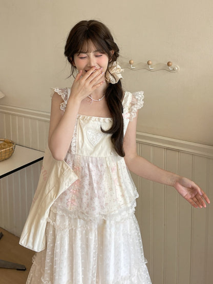 Pink Flutter Sleeve Bowknot Ruffled Floral Tank Top Lace Trim Details