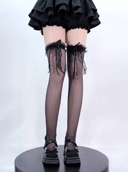 Black / White Lace Bowknot on Cuffs Over Knee Stockings