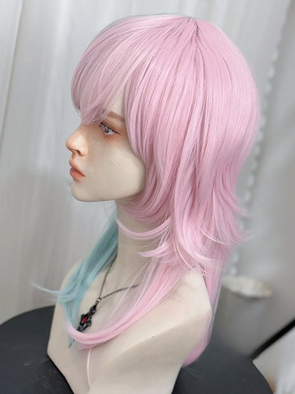 45 cm gerader Farbstil mit grün-rosa Ouji-Perückenlänge, Pony, geteilt