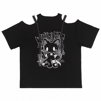 Cat Print Loose T-Shirt Y2K Black Cutout Shoulder Bittersweet
