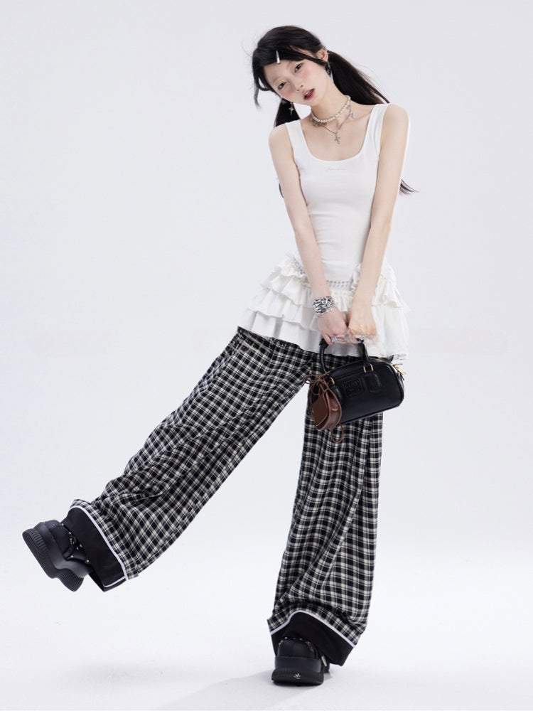 Black  White Plaid Low Waist Straight-Leg Pants