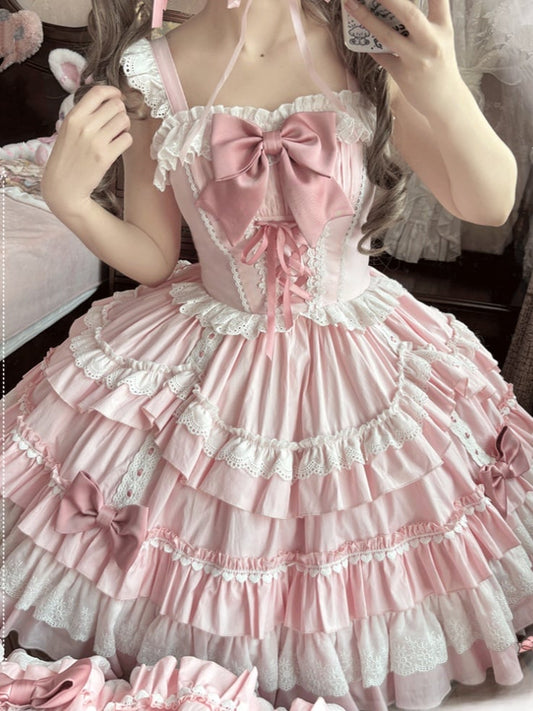 Lace-up Front Scalloped Edge Tiered Skirt Sweet Lolita Dress JSK Pink