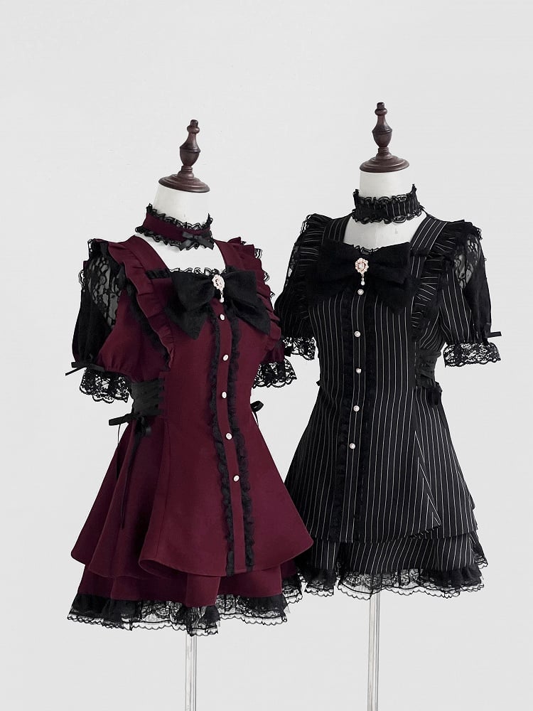 Full Kei Black Lace-up Matching Jirai Shoulder and Set: Cutout Skirt with Dress Striped Style Side Adjustable