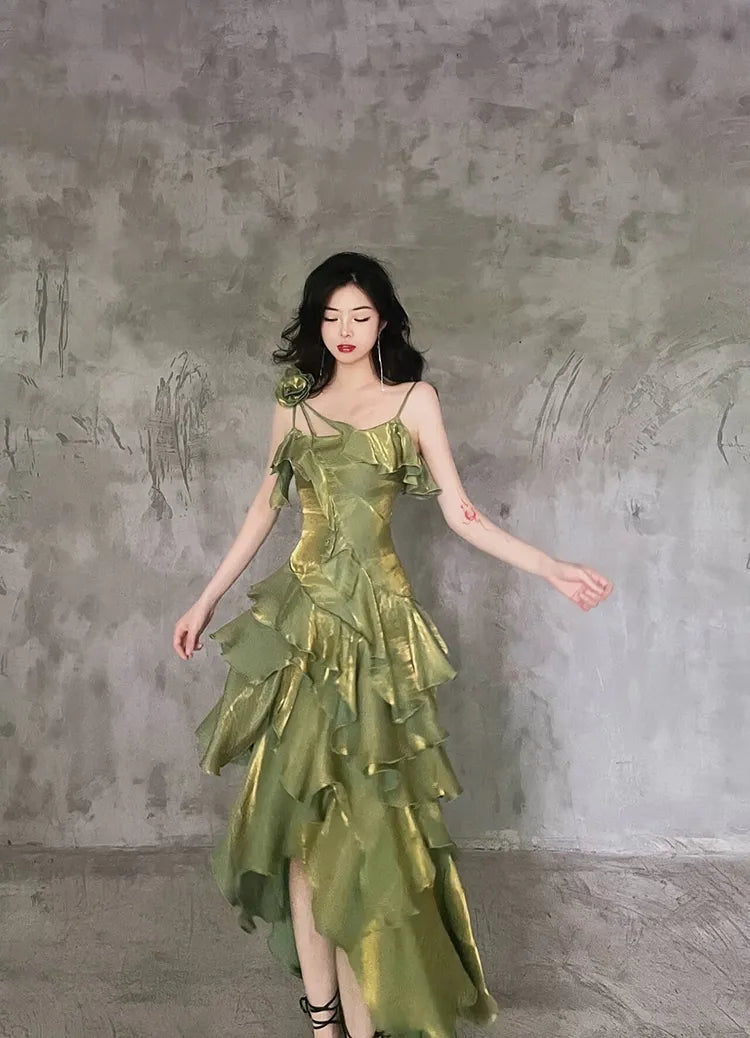 Green Asymmetrical Layered Flounce Spaghetti Strap Prom Dress Evening Gown