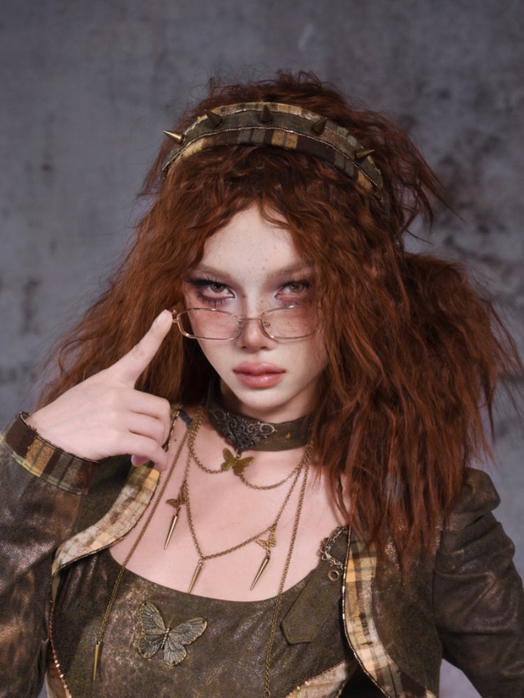 Grün kariertes Muster Ohrstecker Metall Schmetterling KC