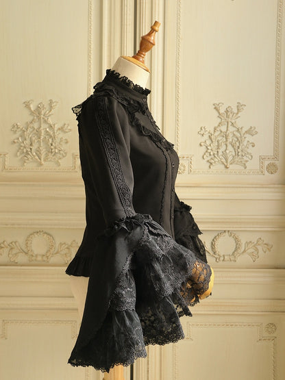 Black Jabot Tie Ruffle Neckline Long Bell Sleeves Blouse