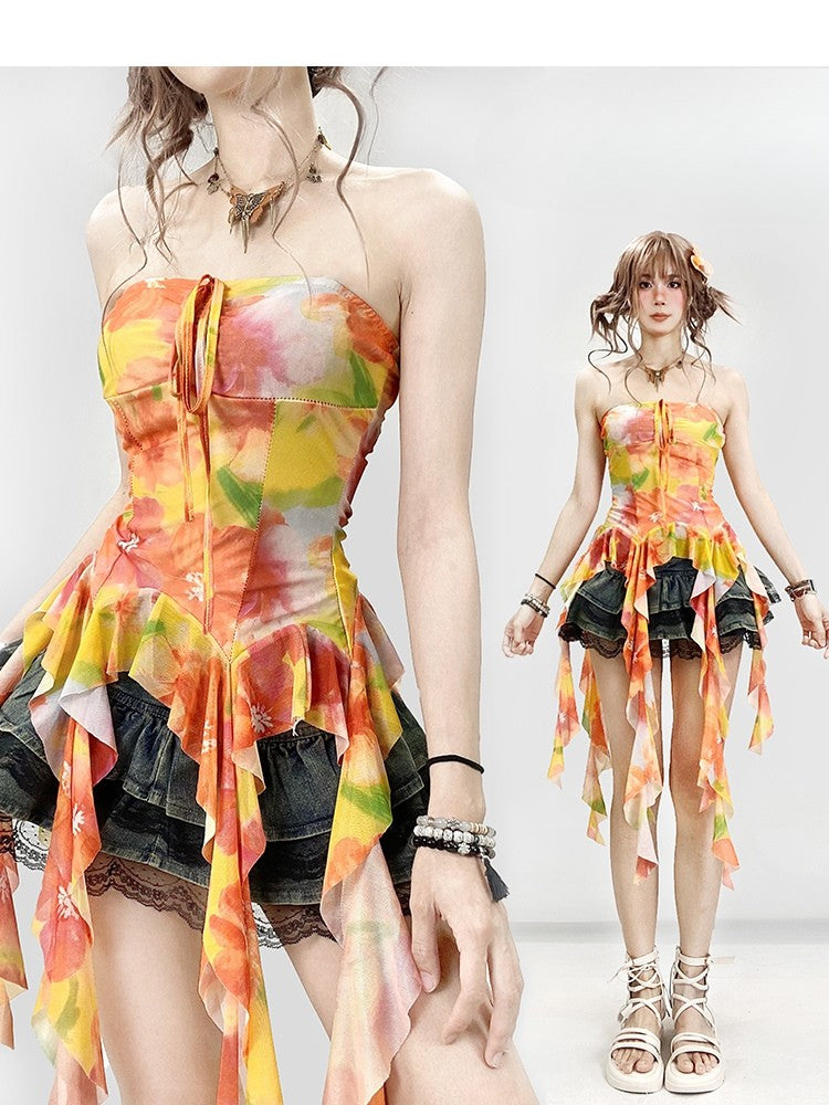 Print Top Ruffle Accents Orange Tube Holiday Floral Cascading