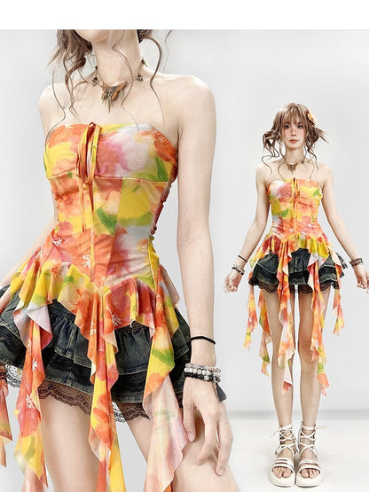 Print Top Ruffle Accents Orange Tube Holiday Floral Cascading