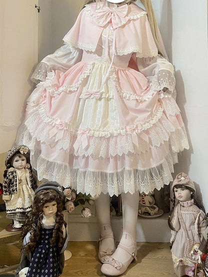 Pink and White Old School Lolita Fashion Dress Bowknot Detais Lolita JSK Set