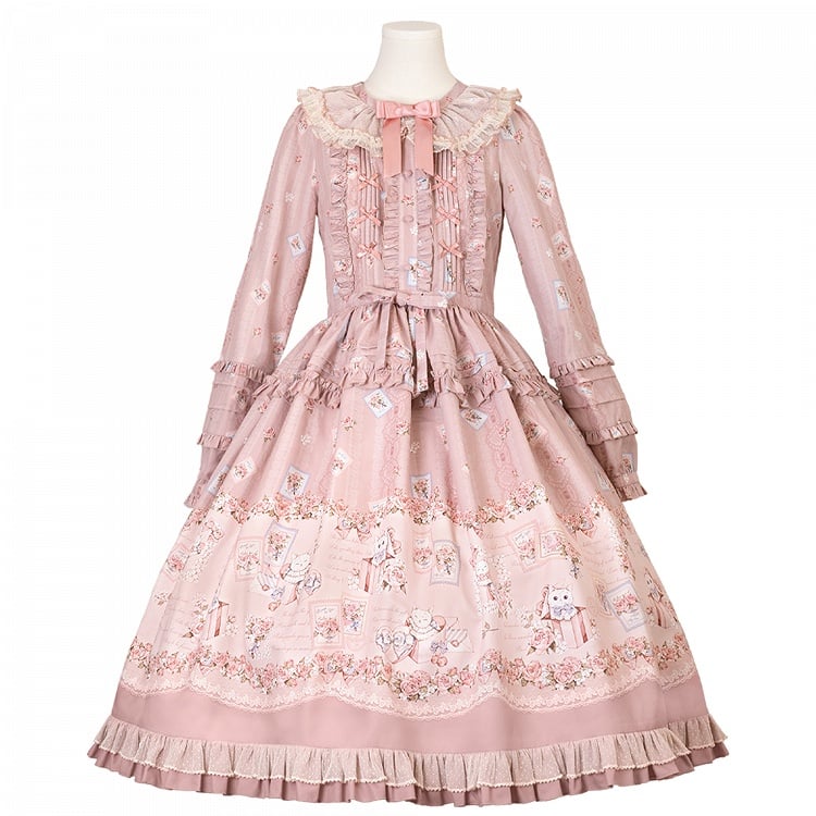 Robe Lolita rose à manches longues et motif floral et chaton